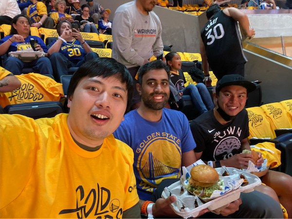 Me with Shravan and Ricky at Game 4 of Warriors-Kings in April 2023
